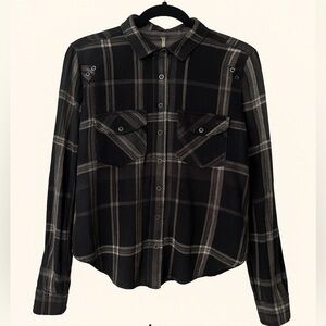Free People Black Gray Checkered Plaid Long‎ Sleeve Button Down Shirt Womens XS